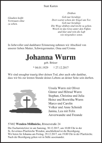 Traueranzeige von Johanna Wurm von Siegener Zeitung