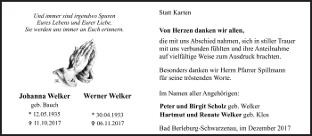 Traueranzeige von Johanna und Werner Welker von Siegener Zeitung