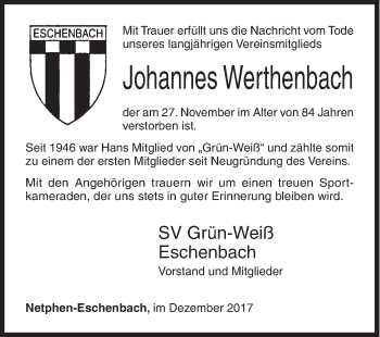 Traueranzeige von Johannes Werthenbach von Siegener Zeitung