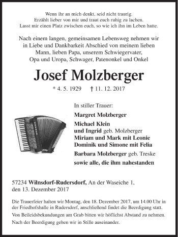 Traueranzeige von Josef Molzberger von Siegener Zeitung