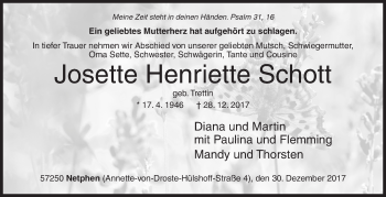 Traueranzeige von Josette Henriette Schott von Siegener Zeitung