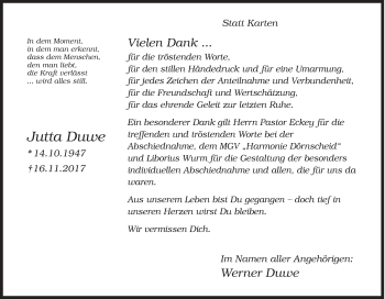 Traueranzeige von Jutta Duwe von Siegener Zeitung