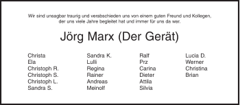 Traueranzeige von Jörg Marx von Siegener Zeitung