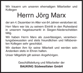 Traueranzeige von Jörg Marx von Siegener Zeitung