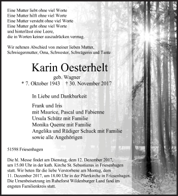 Traueranzeige von Karin Oesterhelt von Siegener Zeitung