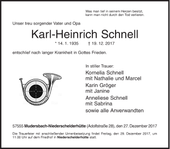Traueranzeige von Karl-Heinrich Schnell von Siegener Zeitung