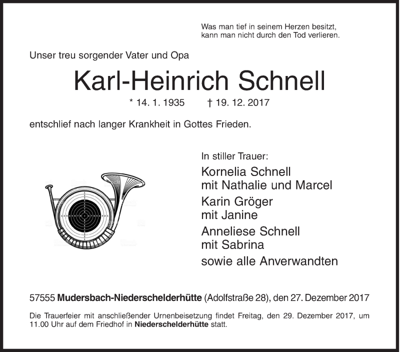  Traueranzeige für Karl-Heinrich Schnell vom 27.12.2017 aus Siegener Zeitung