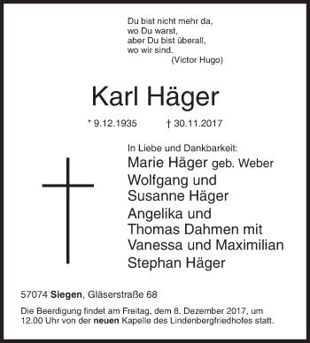 Traueranzeige von Karl Häger von Siegener Zeitung