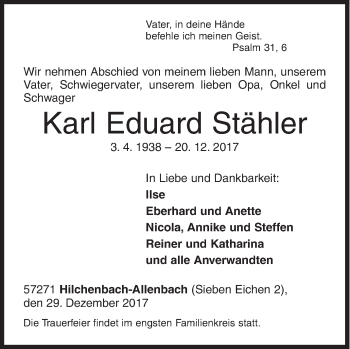 Traueranzeige von Karl Eduard Stähler von Siegener Zeitung