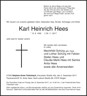 Traueranzeige von Karl Heinrich Hees von Siegener Zeitung