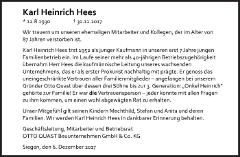 Traueranzeige von Karl Heinrich Hees von Siegener Zeitung