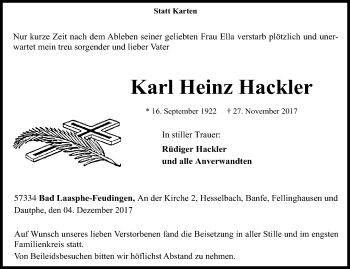 Traueranzeige von Karl Heinz Hackler von Siegener Zeitung