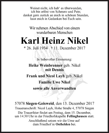 Traueranzeige von Karl Heinz Nikel von Siegener Zeitung