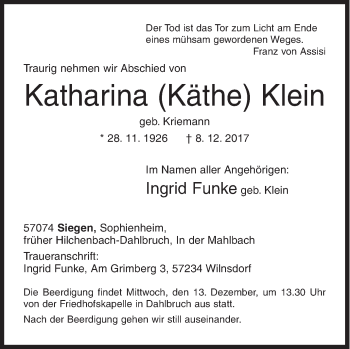 Traueranzeige von Katharina Klein von Siegener Zeitung