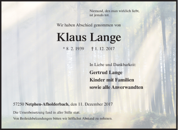Traueranzeige von Klaus Lange von Siegener Zeitung