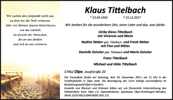 Traueranzeige von Klaus Tittelbach von Siegener Zeitung