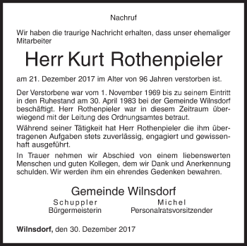 Traueranzeige von Kurt Rothenpieler von Siegener Zeitung