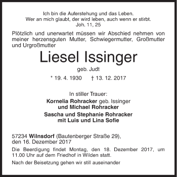 Traueranzeige von Liesel Issinger von Siegener Zeitung