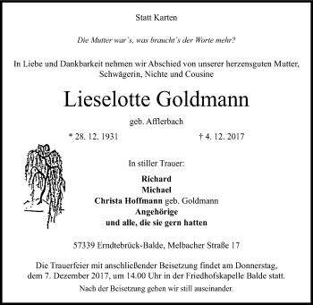 Traueranzeige von Lieselotte Goldmann von Siegener Zeitung