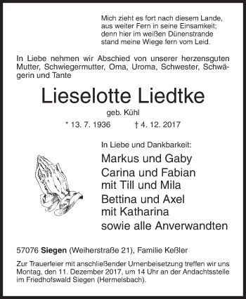 Traueranzeige von Lieselotte Liedtke von Siegener Zeitung