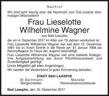 Traueranzeige von Lieselotte Wilhelmine Wagner von Siegener Zeitung