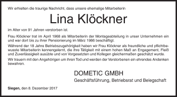 Traueranzeige von Lina Klöckner von Siegener Zeitung