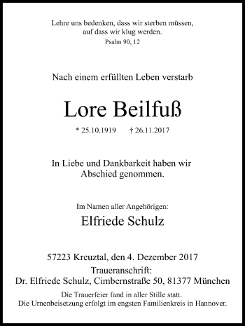 Traueranzeige von Lore Beilfuß von Siegener Zeitung