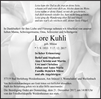 Traueranzeige von Lore Kuhli von Siegener Zeitung