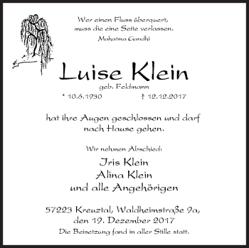 Traueranzeige von Luise Klein von Siegener Zeitung