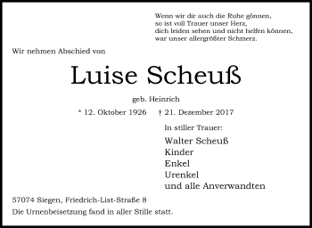 Traueranzeige von Luise Scheuß von Siegener Zeitung