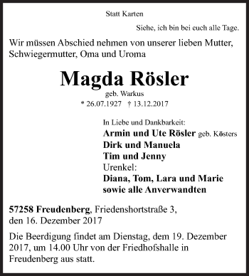 Traueranzeige von Magda Rösler von Siegener Zeitung