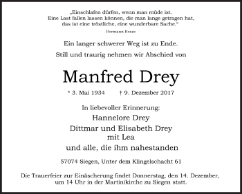 Traueranzeige von Manfred Drey von Siegener Zeitung