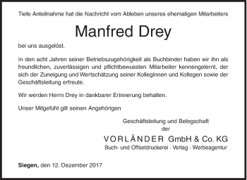 Traueranzeige von Manfred Drey von Siegener Zeitung