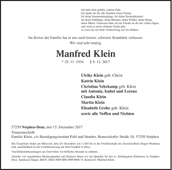 Traueranzeige von Manfred Klein von Siegener Zeitung