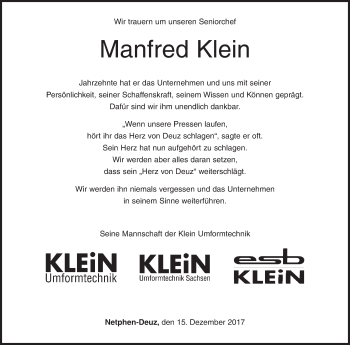 Traueranzeige von Manfred Klein von Siegener Zeitung