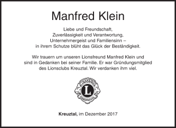 Traueranzeige von Manfred Klein von Siegener Zeitung