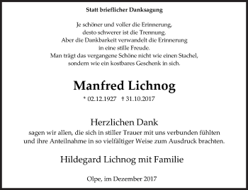 Traueranzeige von Manfred Lichnog von Siegener Zeitung