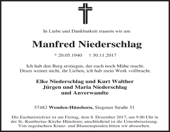 Traueranzeige von Manfred Niederschlag von Siegener Zeitung