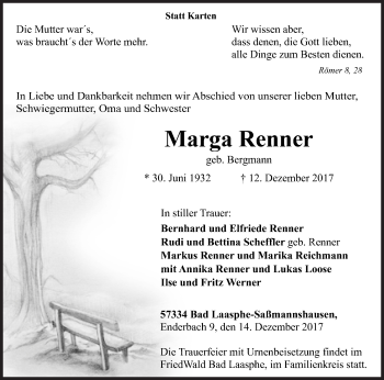 Traueranzeige von Marga Renner von Siegener Zeitung
