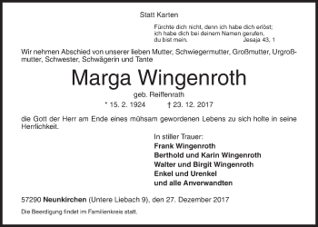 Traueranzeige von Marga Wingenroth von Siegener Zeitung