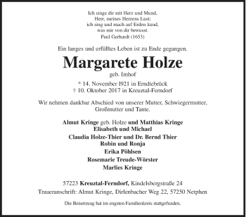 Traueranzeige von Margarete Holze von Siegener Zeitung