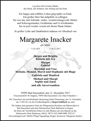 Traueranzeige von Margarete Inacker von Siegener Zeitung