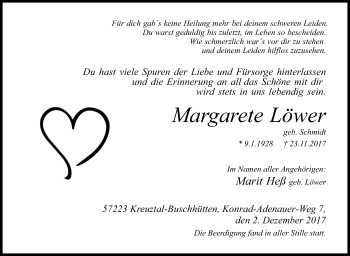 Traueranzeige von Margarete Löwer von Siegener Zeitung