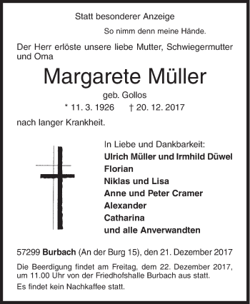 Traueranzeige von Margarete Müller von Siegener Zeitung