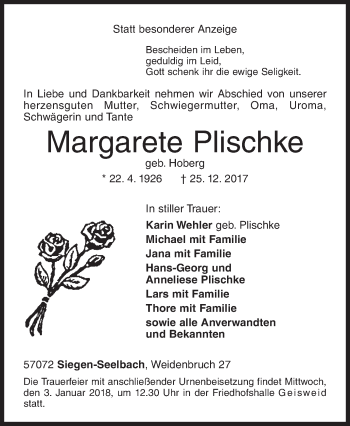 Traueranzeige von Margarete Plischke von Siegener Zeitung