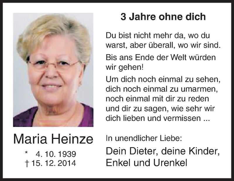  Traueranzeige für Maria Heinze vom 15.12.2017 aus Siegener Zeitung