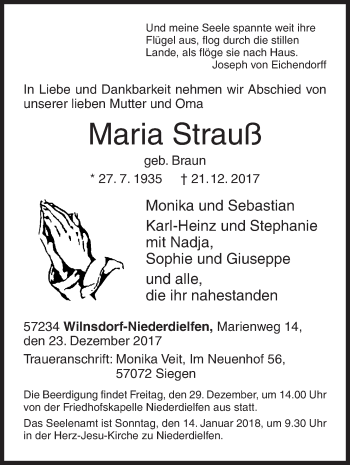 Traueranzeige von Maria Strauß von Siegener Zeitung