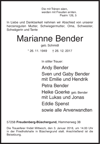 Traueranzeige von Marianne Bender von Siegener Zeitung