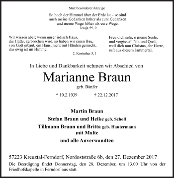 Traueranzeige von Marianne Braun von Siegener Zeitung