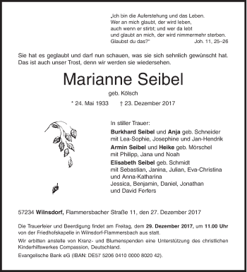 Traueranzeige von Marianne Seibel von Siegener Zeitung